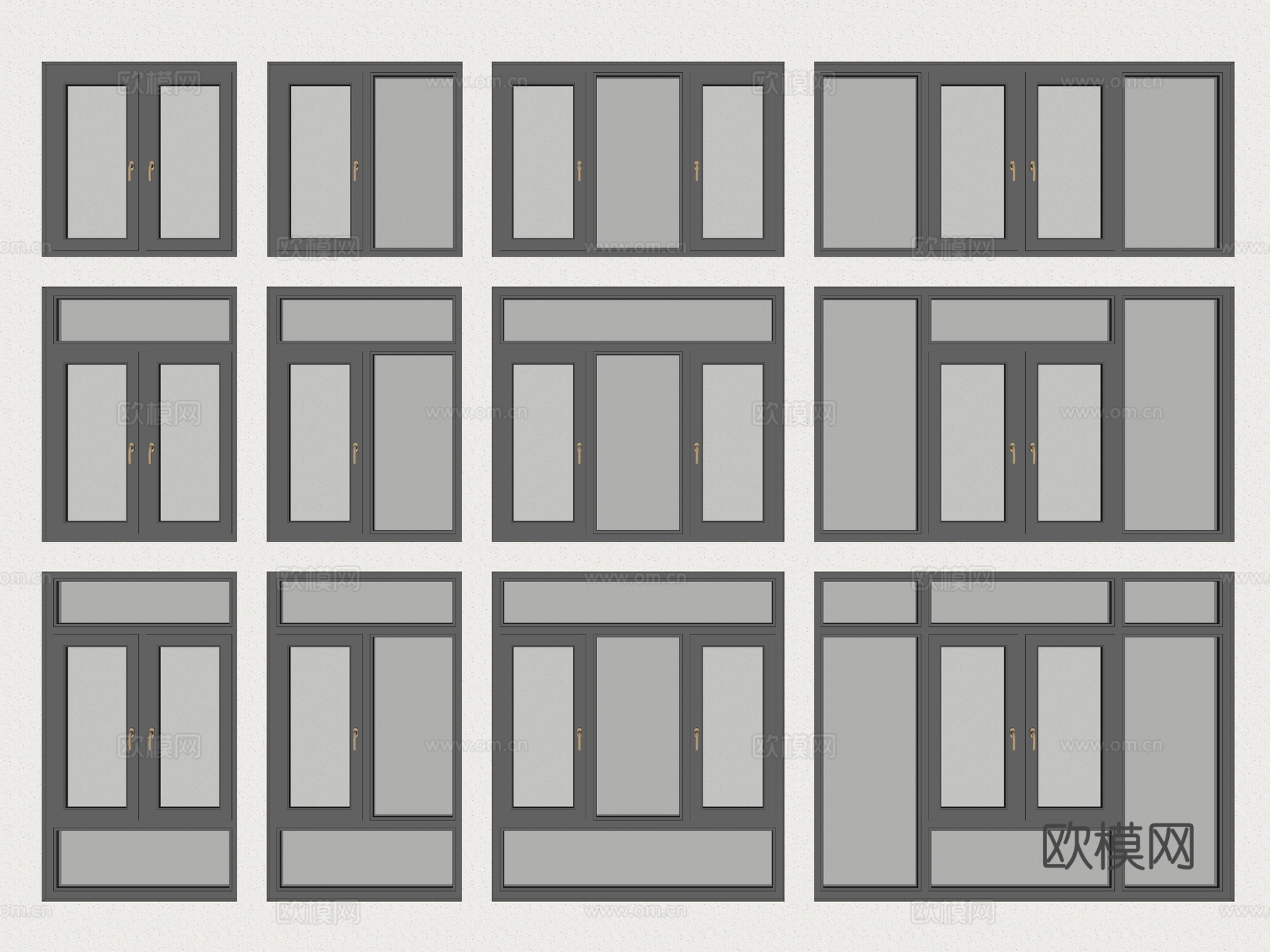 现代门窗组合 断桥铝合金门窗 铝合金平开窗 落地门窗su模型