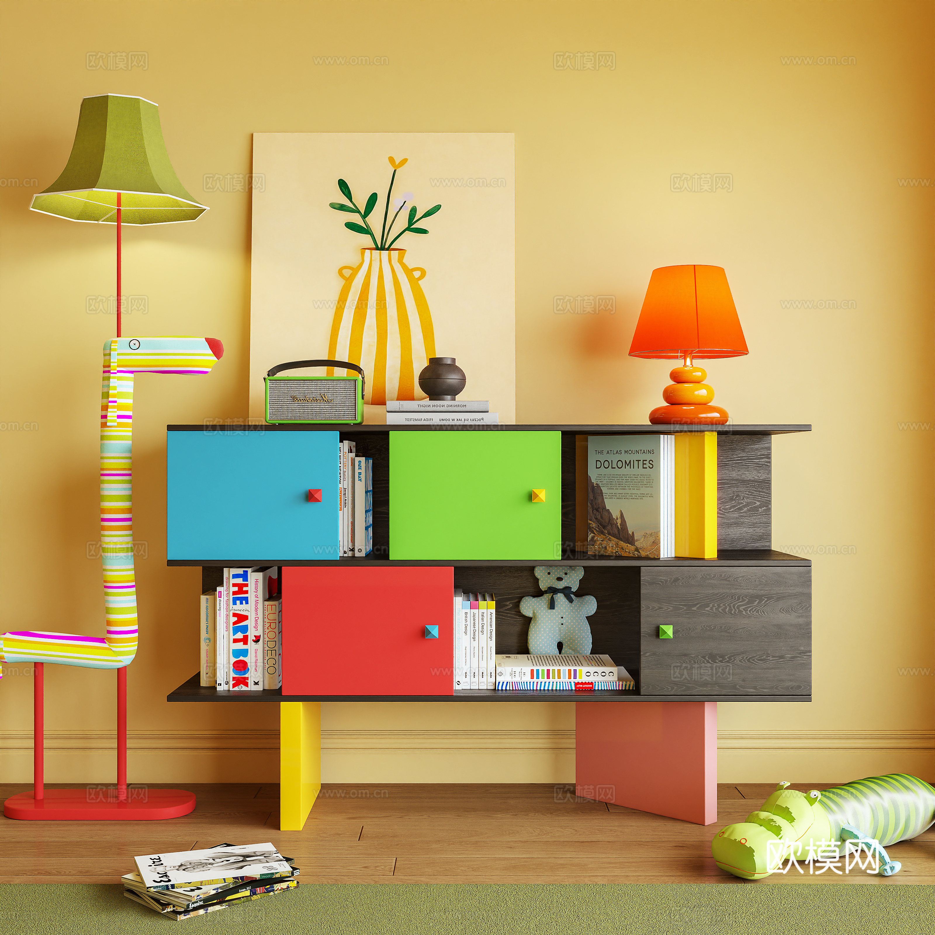 玄关柜 书柜 边柜 茶水柜 多巴胺 落地灯 摆件3d模型下载