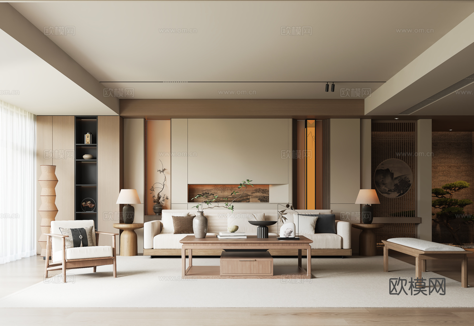 宋式客厅 沙发茶几组合 沙发背景墙3d模型下载