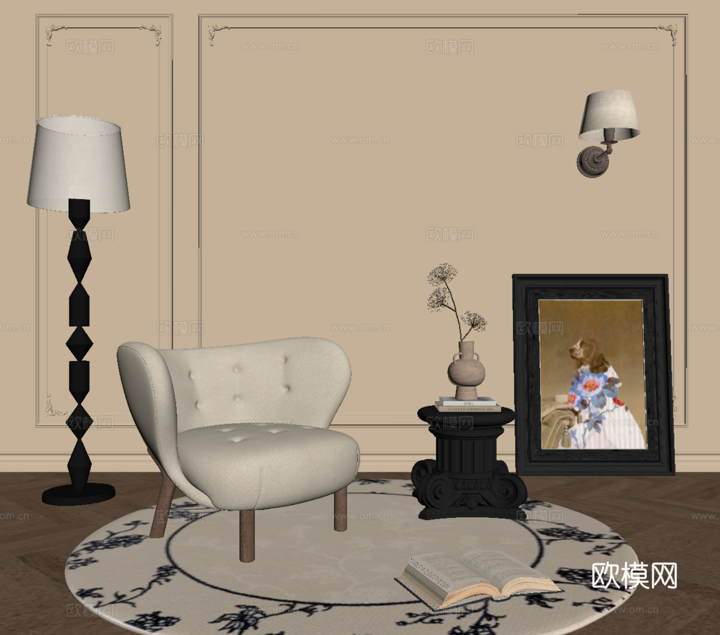 法式复古风休闲椅 边几 落地灯su模型