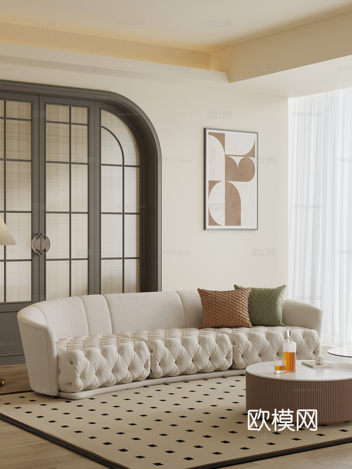 法式奶油风多人沙发 直排沙发su模型