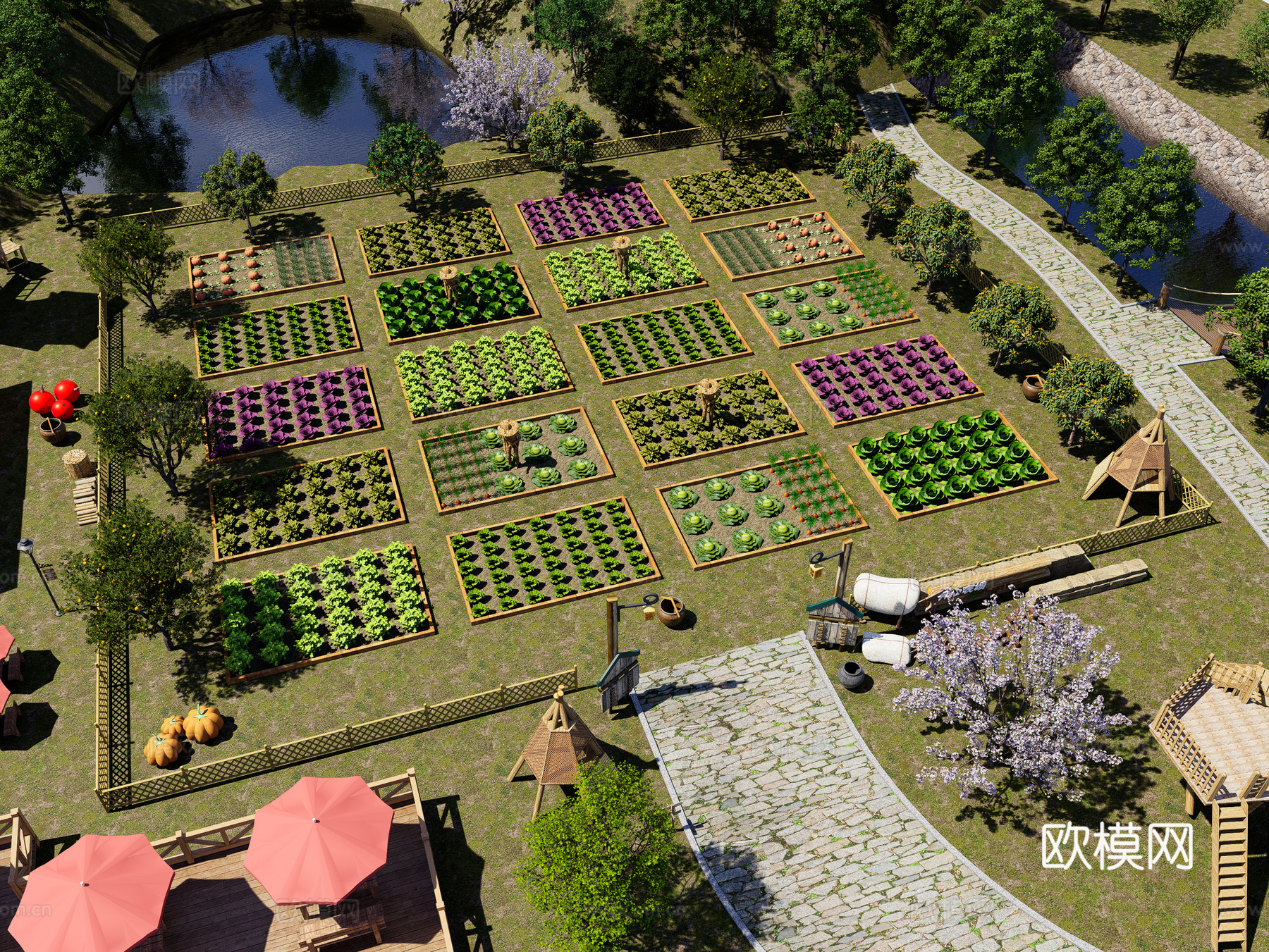 现代生态农场景观 亲子采摘园 乡村菜地 亲子农园 农业观光园su模型