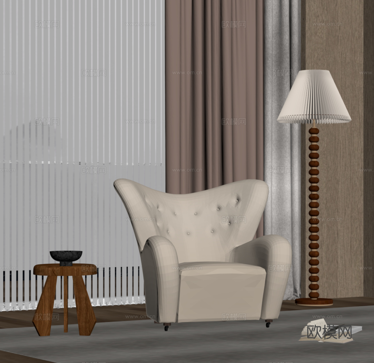 中古风休闲椅 边几 落地灯su模型