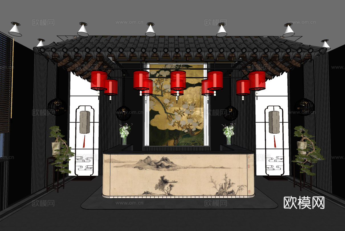 酒店前台 中式新中式简约风su模型