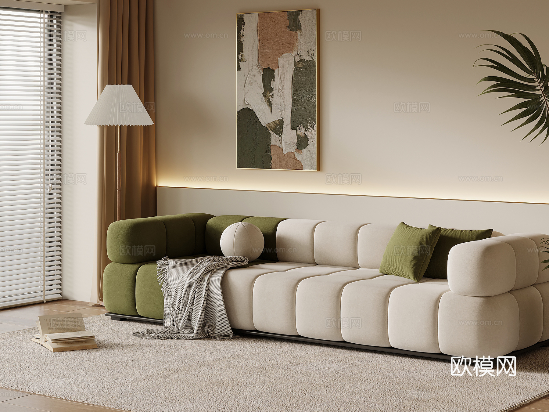 法式奶油风多人沙发 直排沙发 落地灯su模型