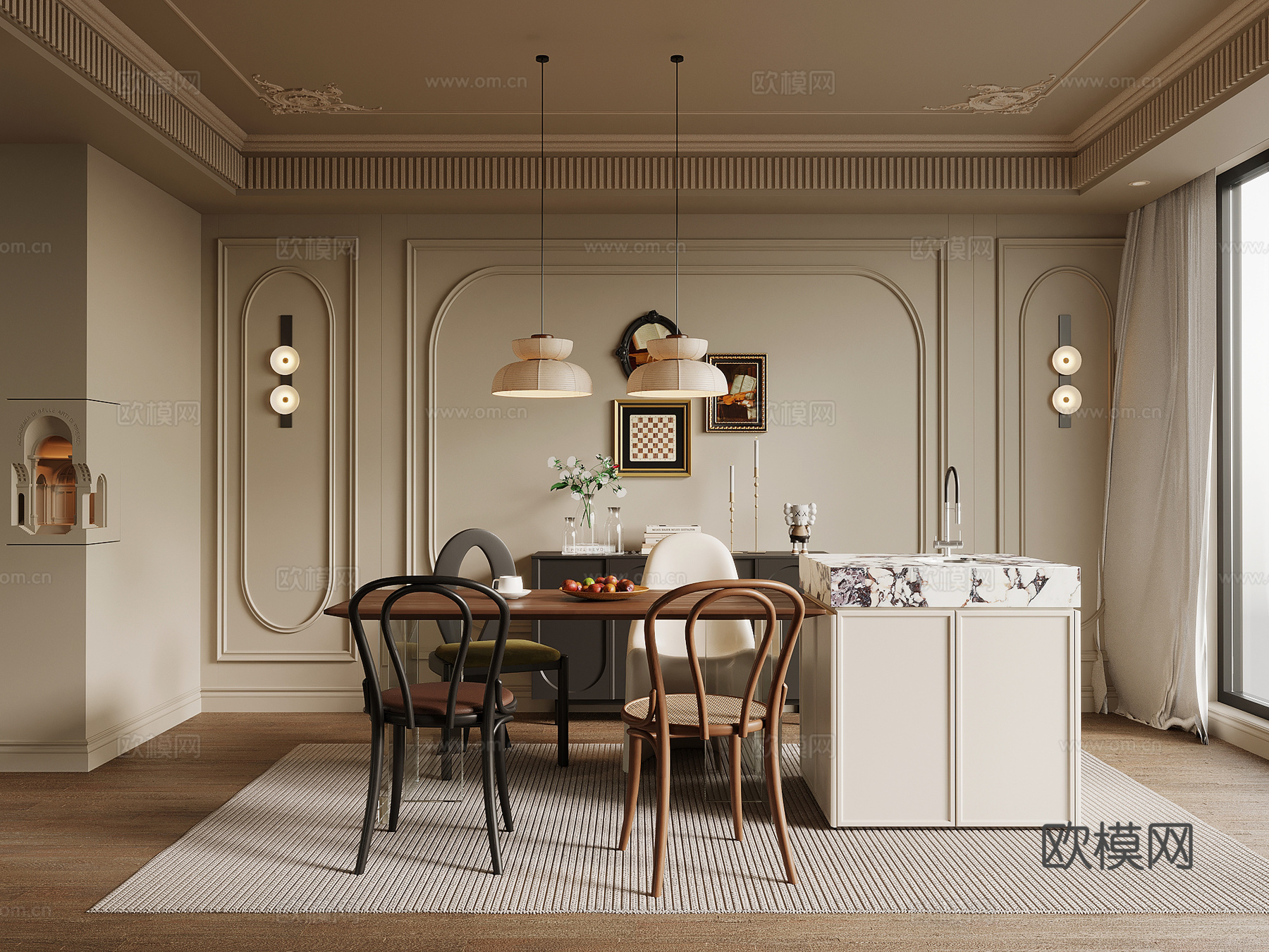 法式餐厅 餐桌椅 岛台su模型