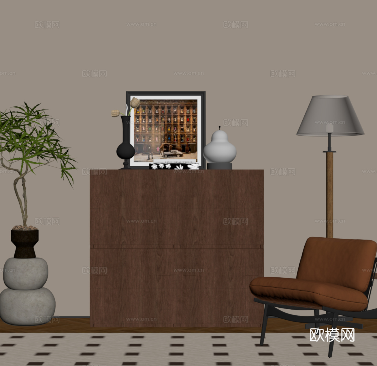 中古风玄关柜 边柜 休闲椅su模型