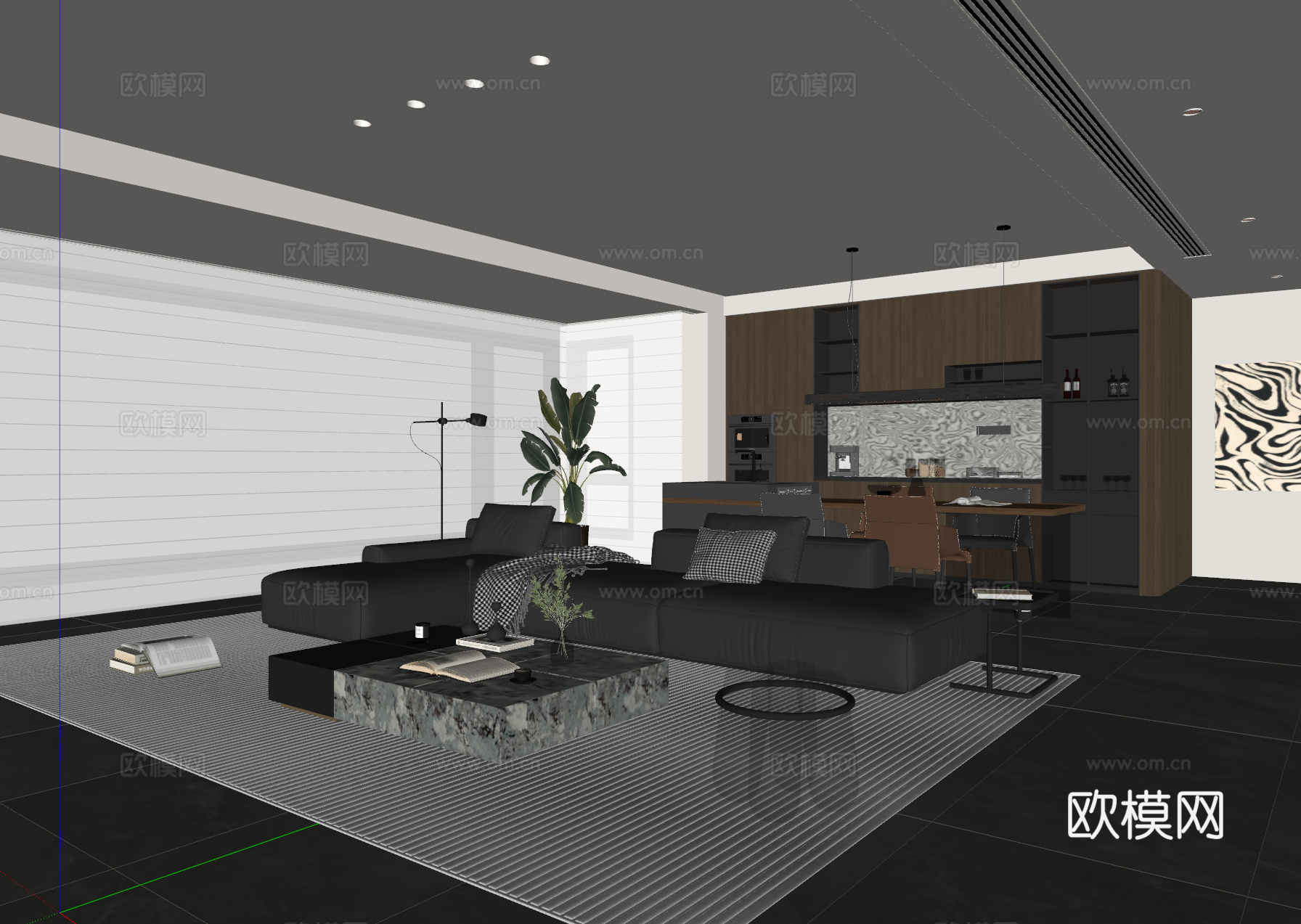 现代意式客餐厅 沙发茶几 餐桌椅 吊灯 餐边柜 酒柜su模型