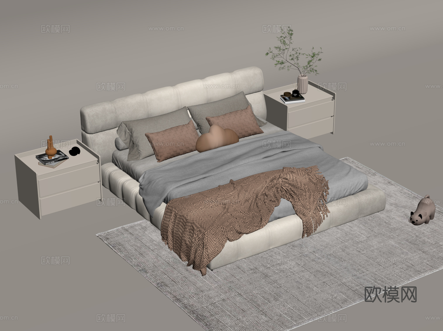 现代奶油风双人床 床头柜su模型