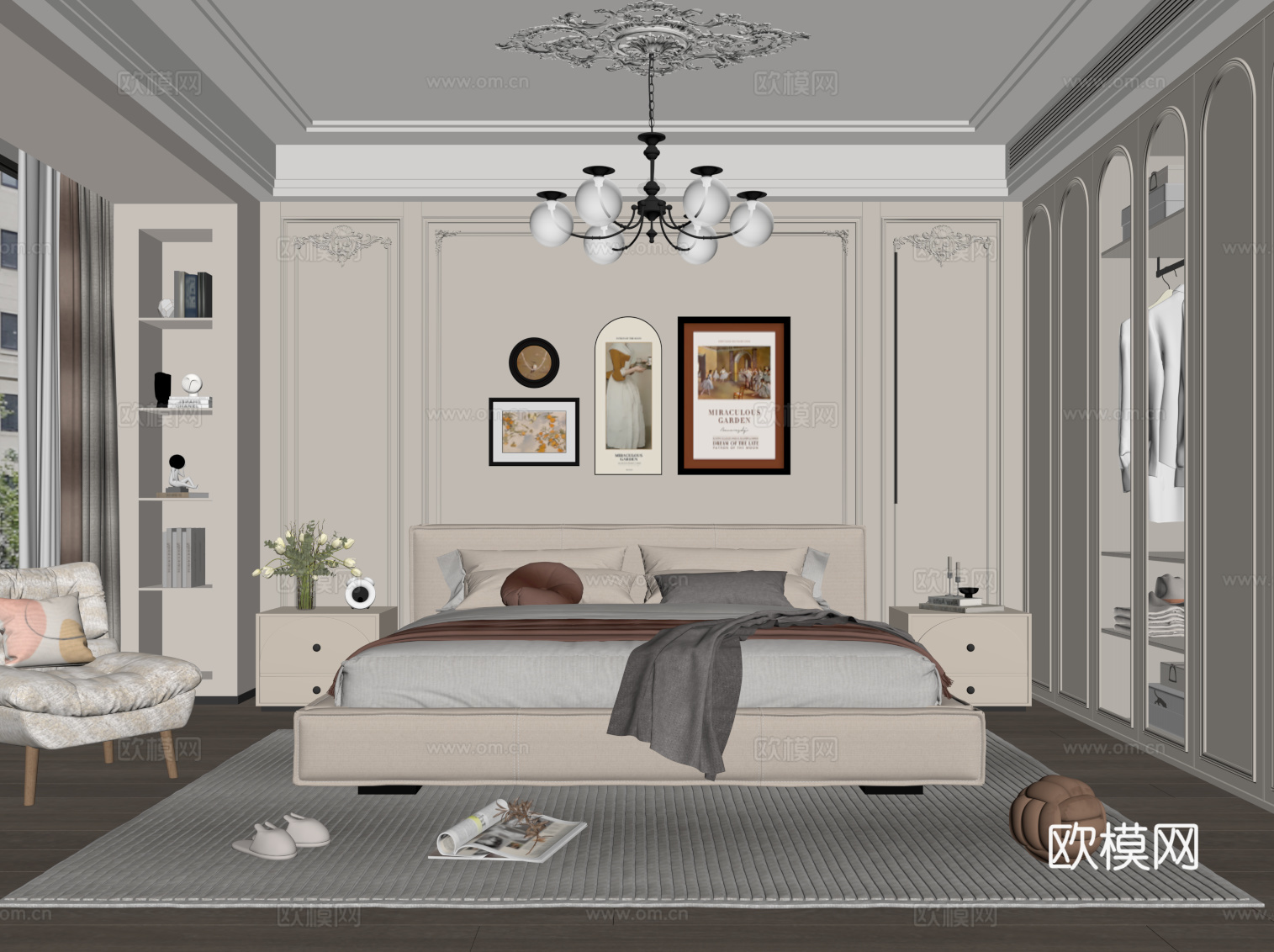 法式奶油风卧室 双人床 床头柜 衣柜su模型