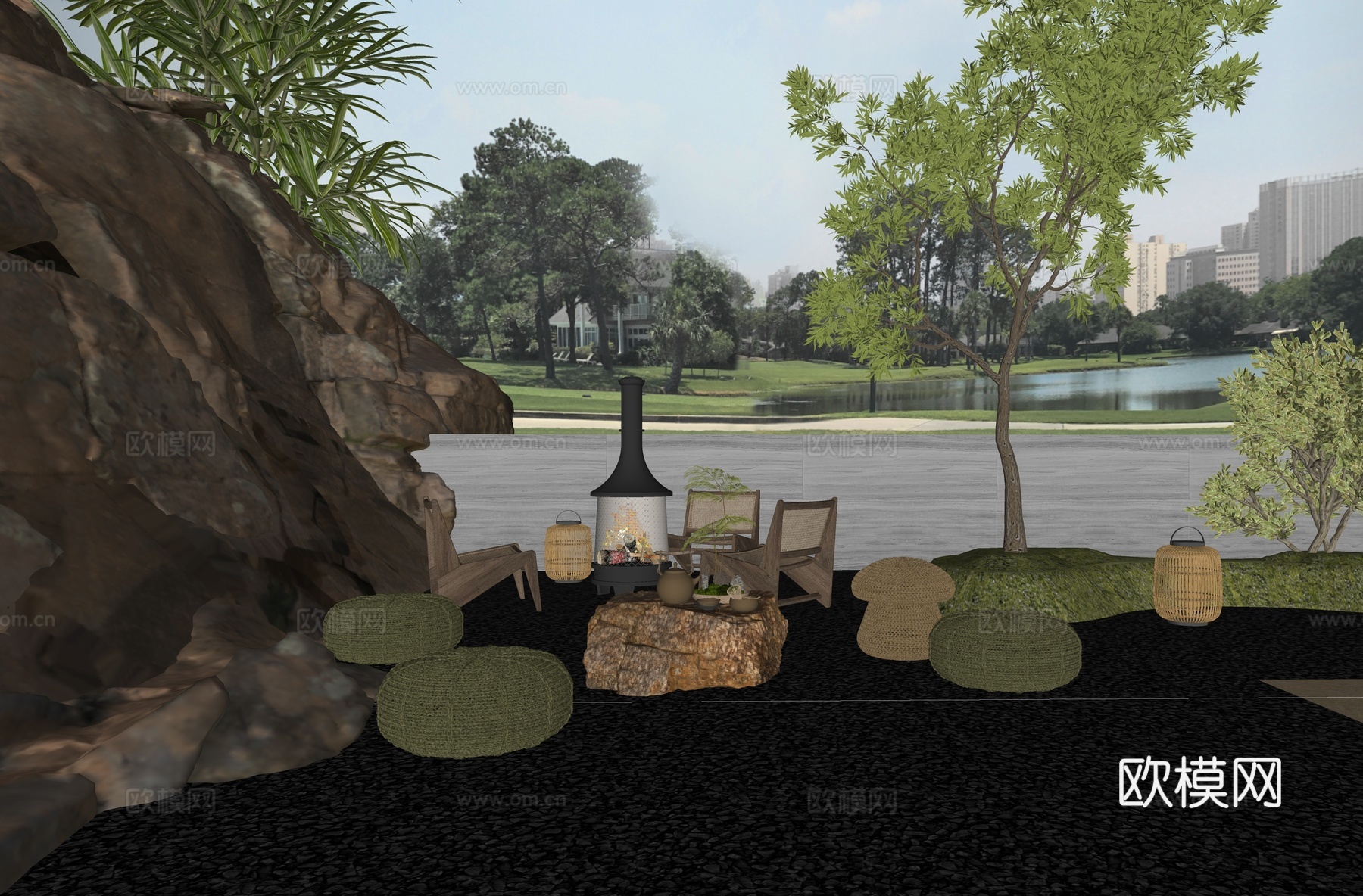 现代禅意 日式花园 户外火炉 休闲柚木椅 软包坐凳 坐墩 石su模型