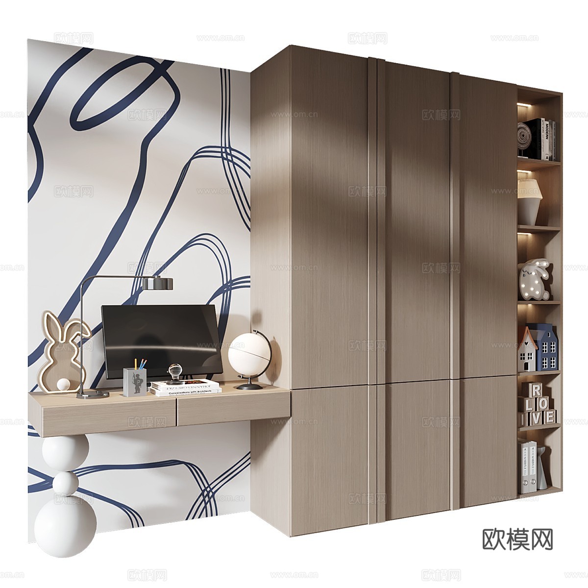 现代极简儿童书柜 儿童衣柜3d模型下载（渲染图2）