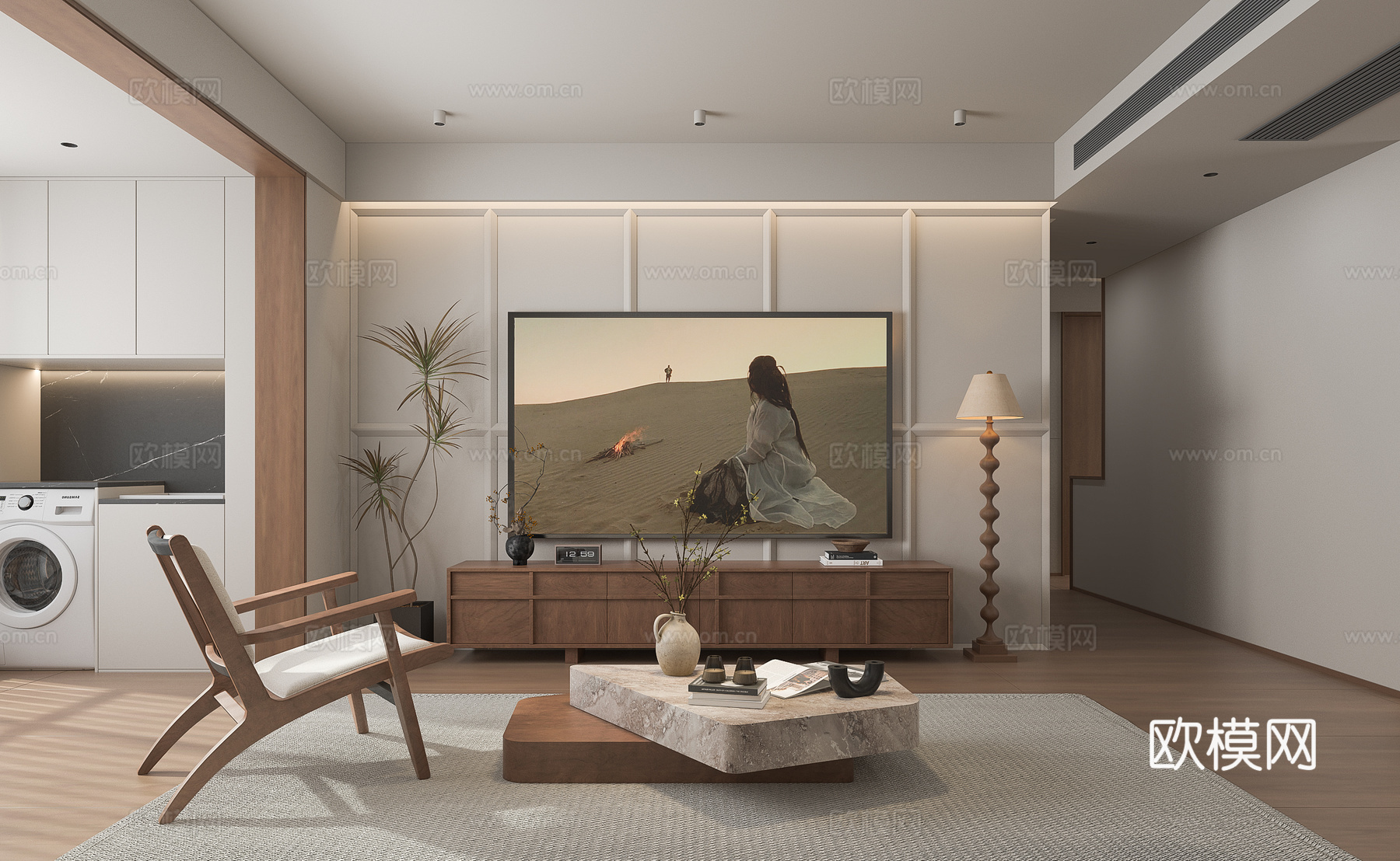 中古风客餐厅家具3d模型下载（渲染图1）