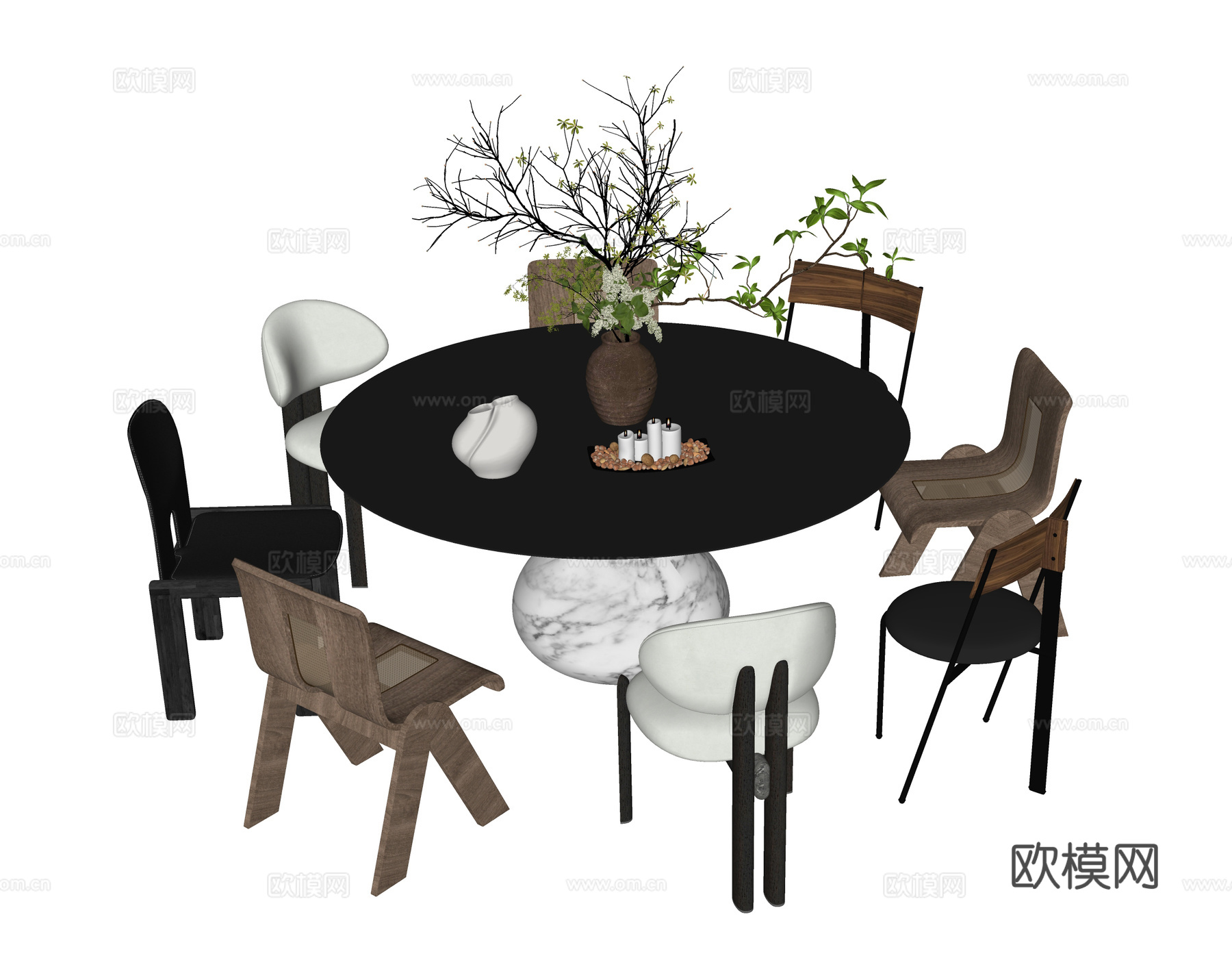 现代餐桌椅 圆形餐桌 餐椅su模型