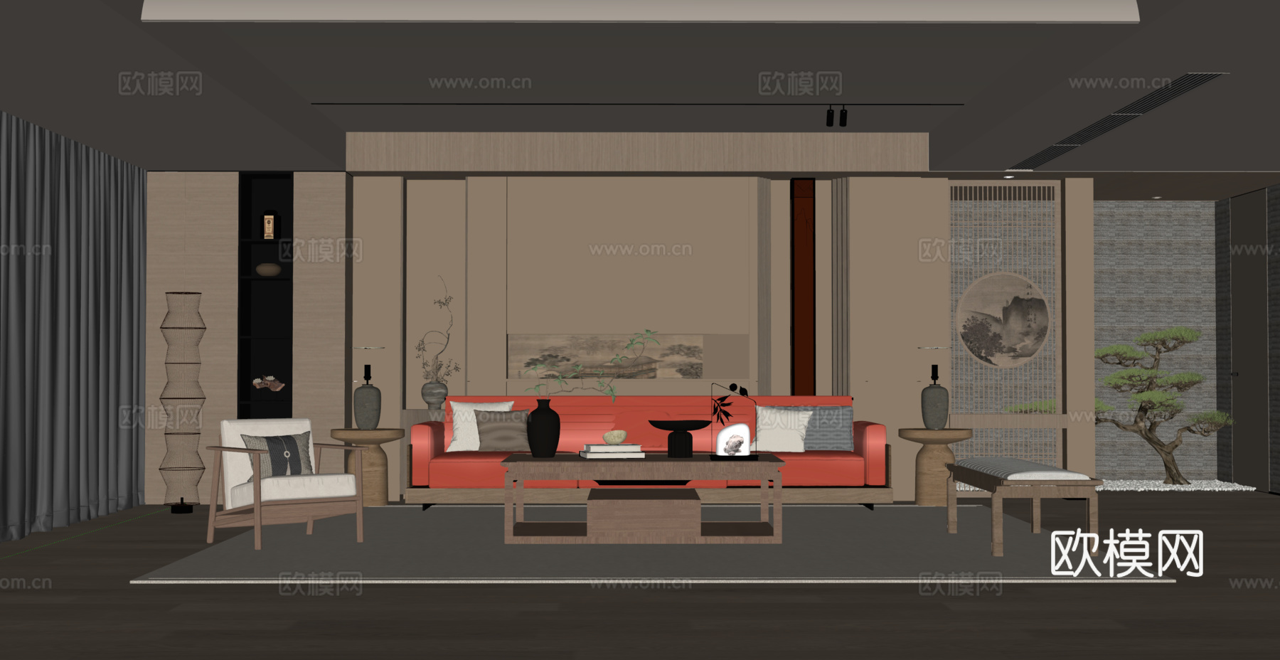 宋式客厅 沙发茶几组合 沙发背景墙su模型