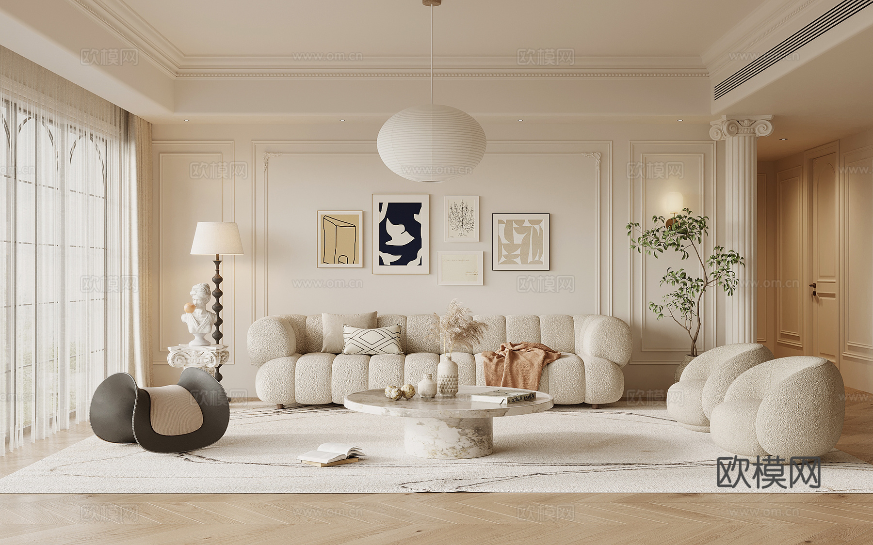 法式奶油风客厅 沙发背景墙 沙发茶几组合su模型