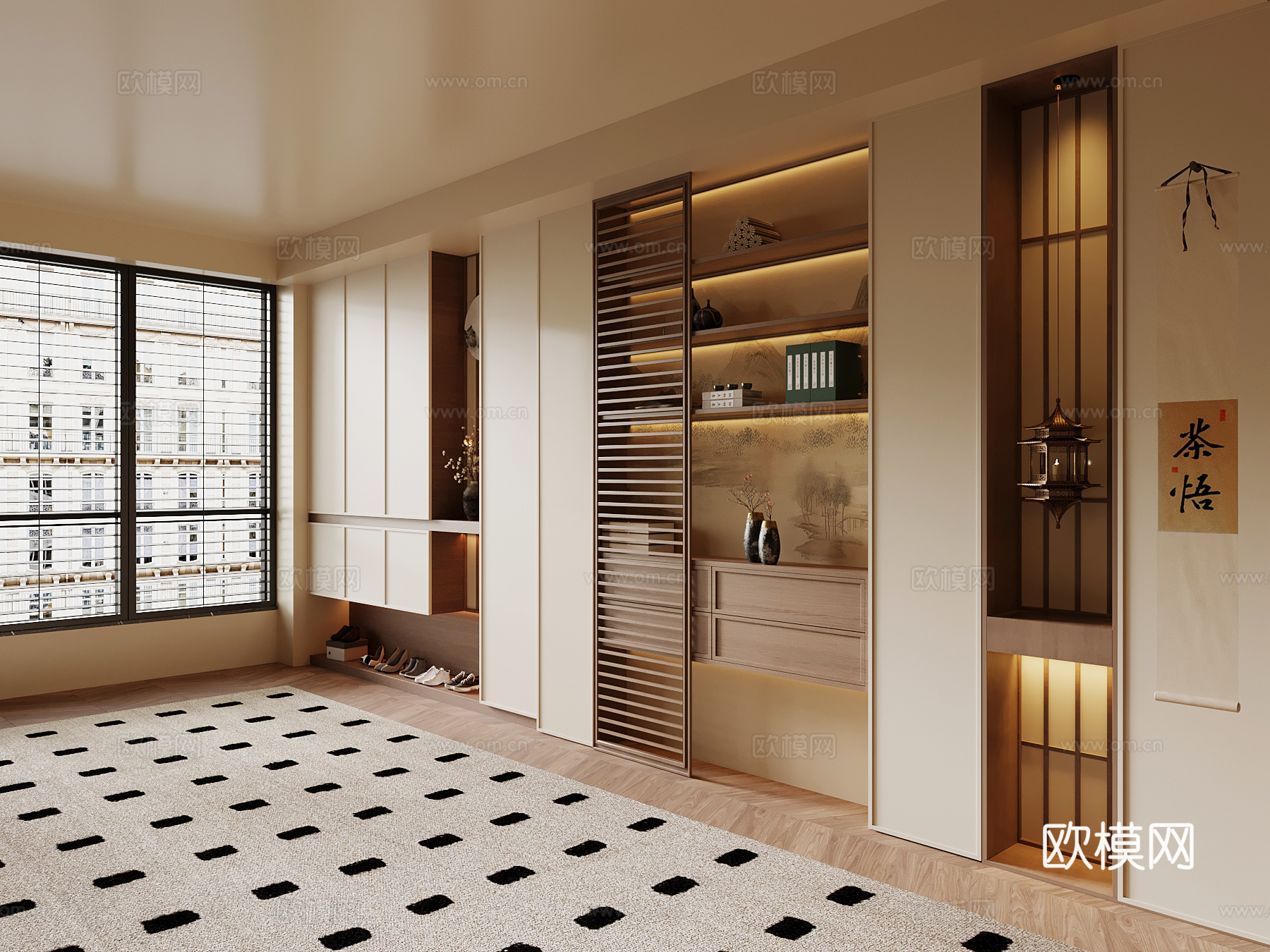 新中式入户玄关柜su模型