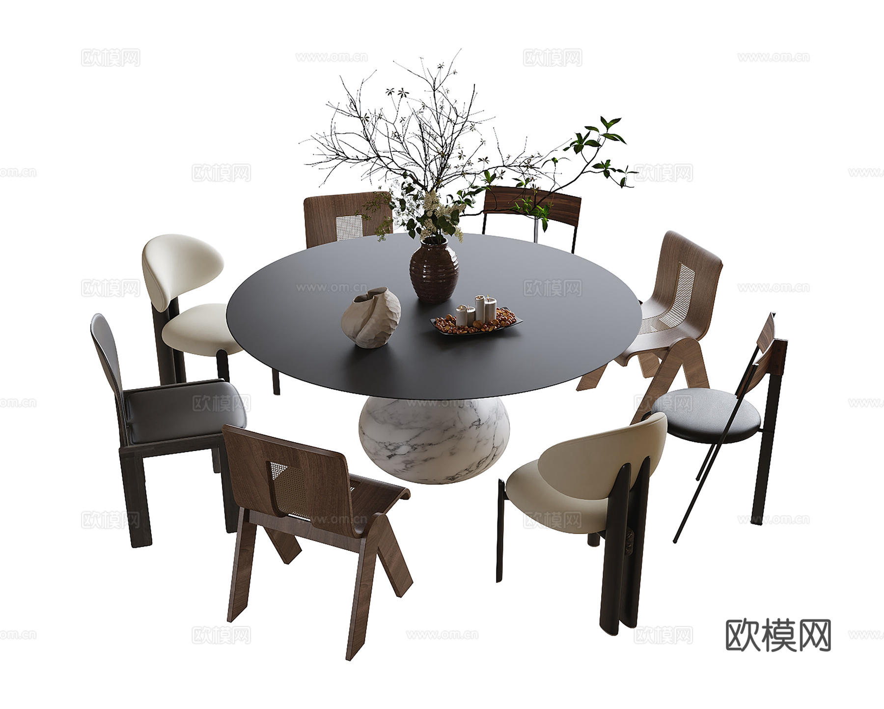 现代餐桌椅 圆形餐桌 餐椅su模型
