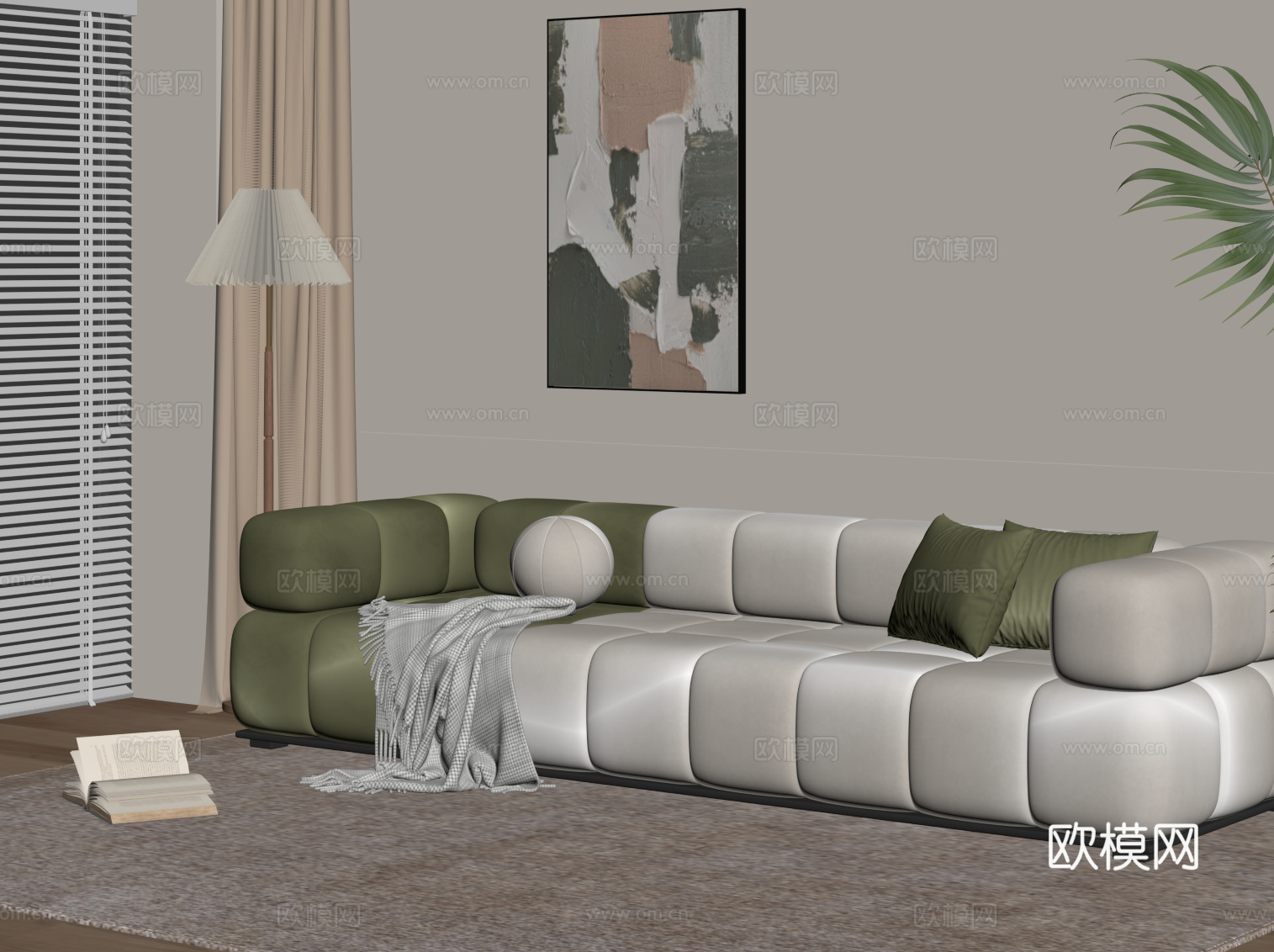 法式奶油风多人沙发 直排沙发 落地灯su模型