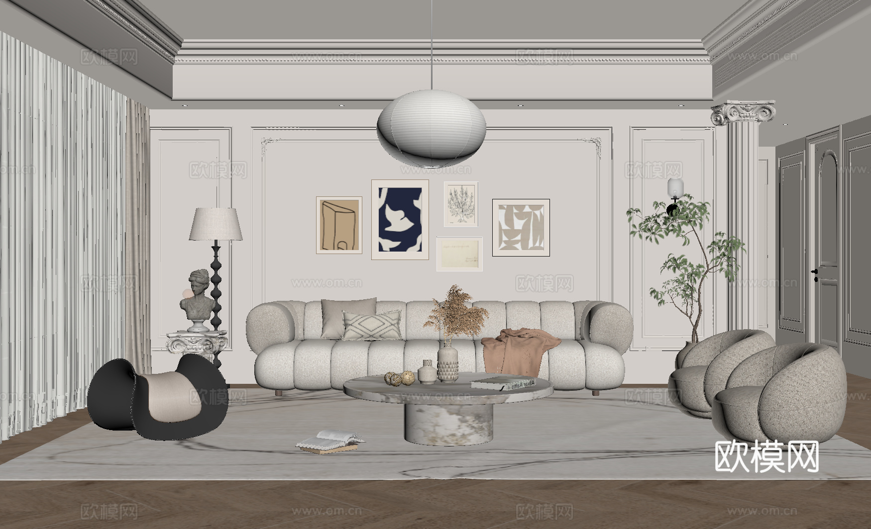 法式奶油风客厅 沙发背景墙 沙发茶几组合su模型