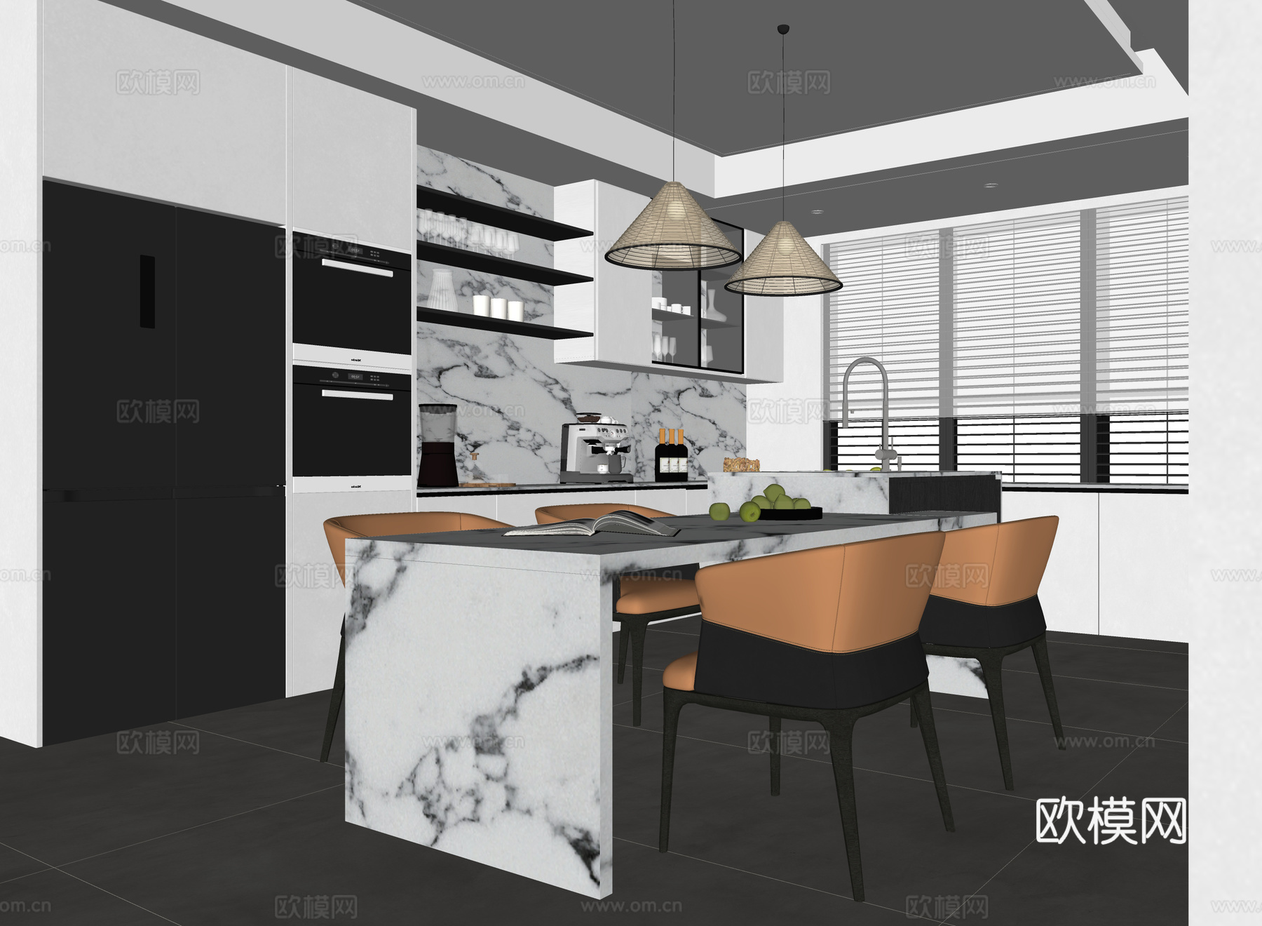 现代餐厅 餐桌椅 酒柜 餐边柜su模型