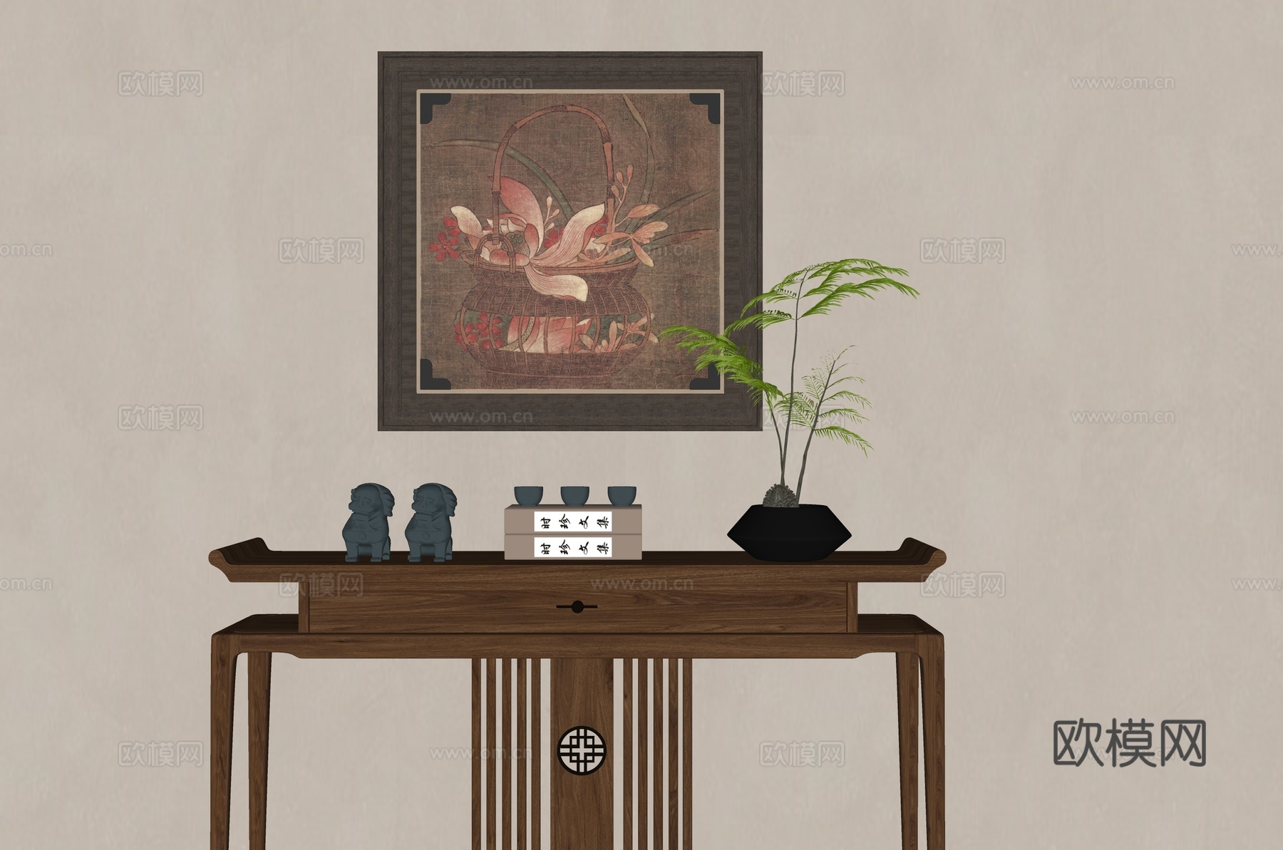 新中式玄关台挂画su模型