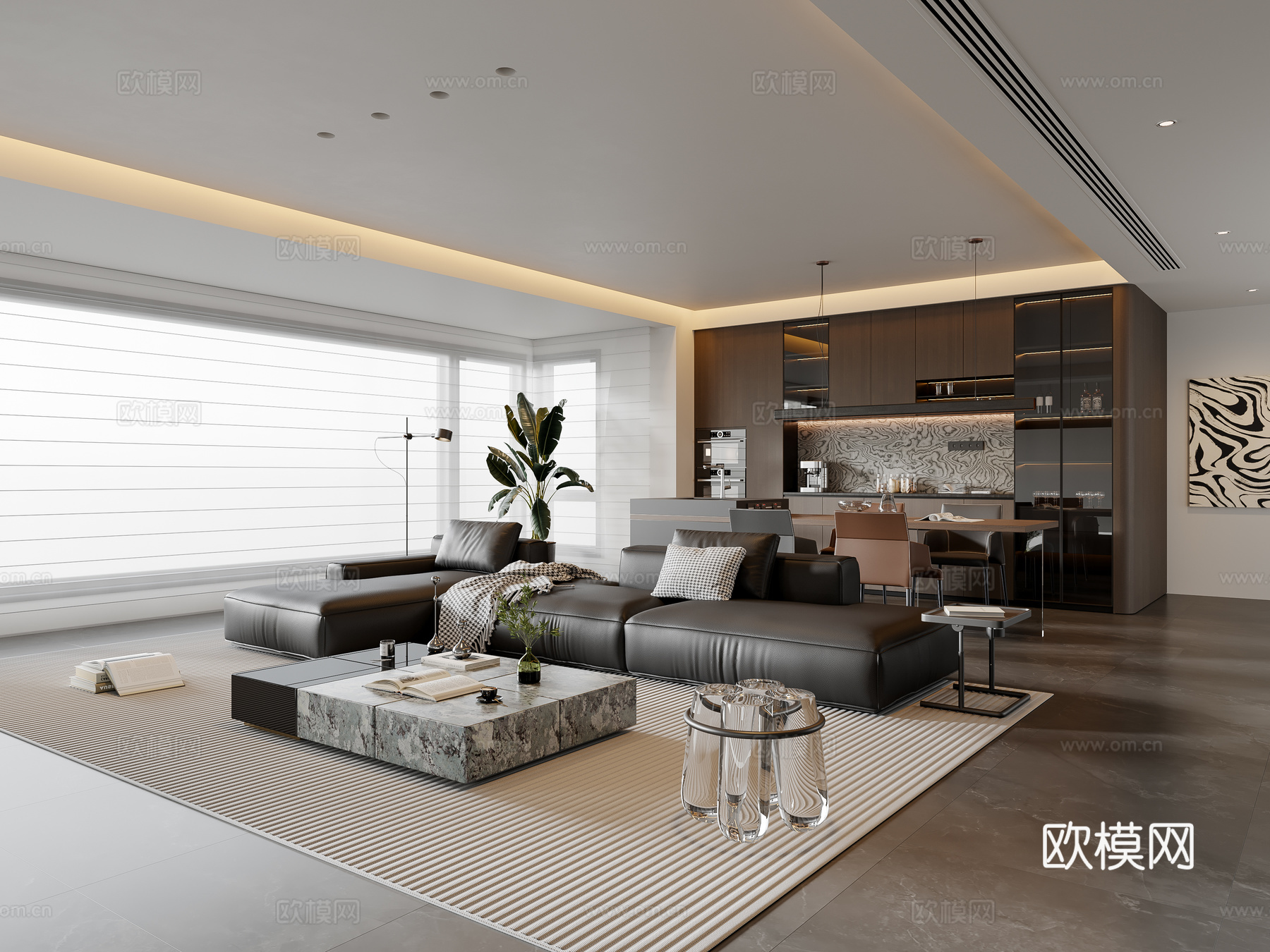 现代意式客餐厅 沙发茶几 餐桌椅 吊灯 餐边柜 酒柜su模型