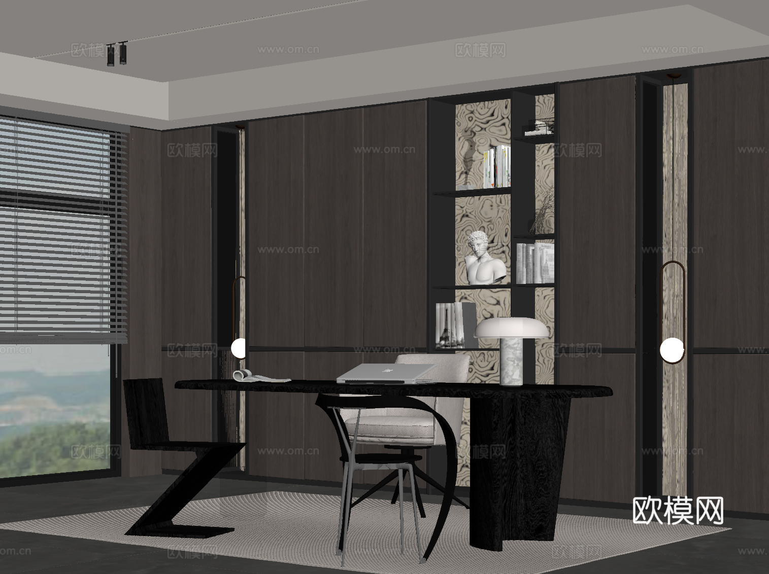 意式书房 书柜 书桌椅su模型