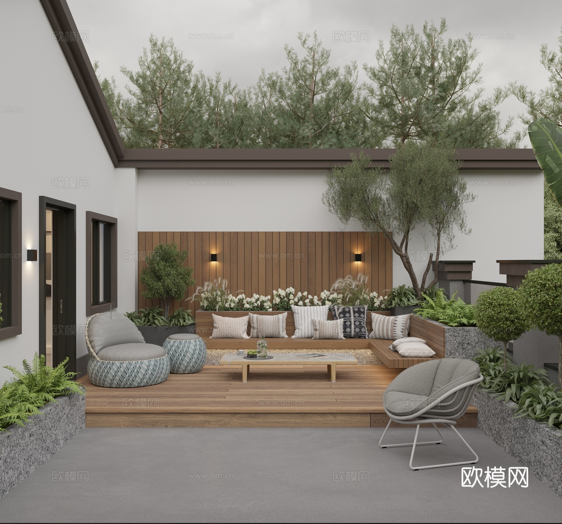 现代奶油风庭院花园 屋顶花园 露台景观 休闲转角卡座 软包抱3d模型下载