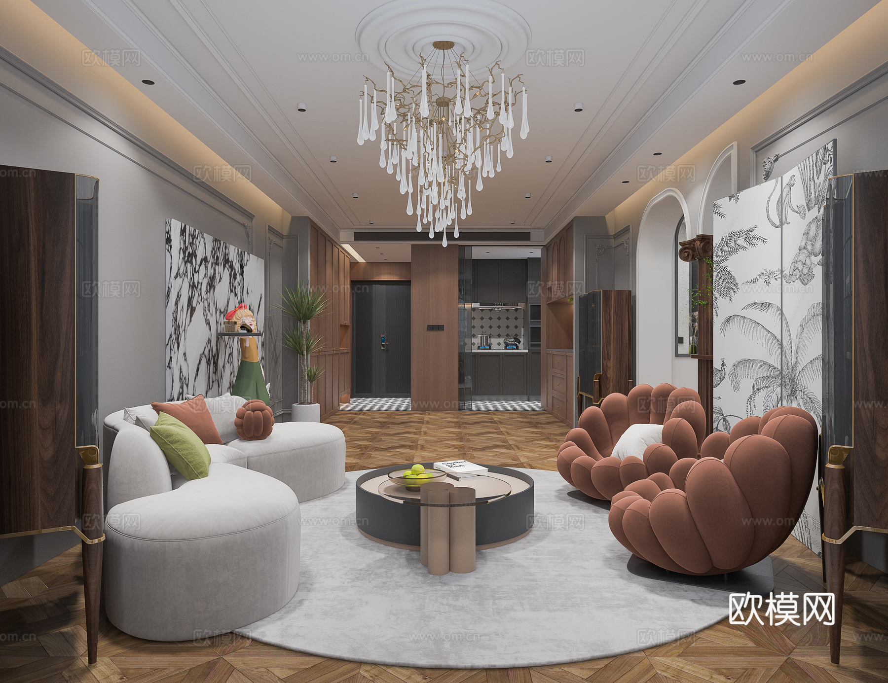 法式客厅厨房书房3d模型下载（渲染图1）