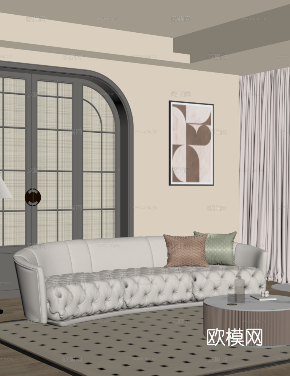 法式奶油风多人沙发 直排沙发su模型