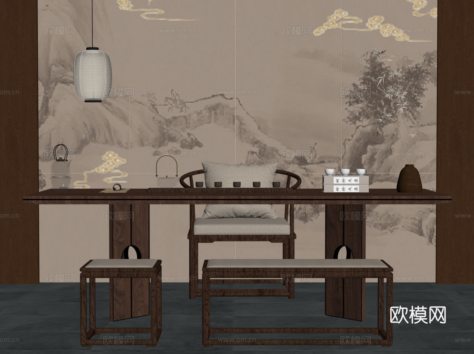 新中式茶桌椅su模型