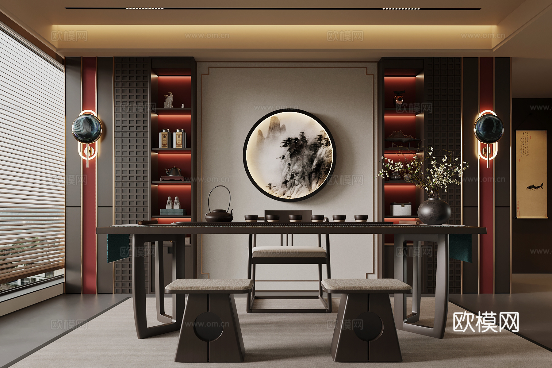 新中式茶室 茶桌椅 背景墙3d模型下载