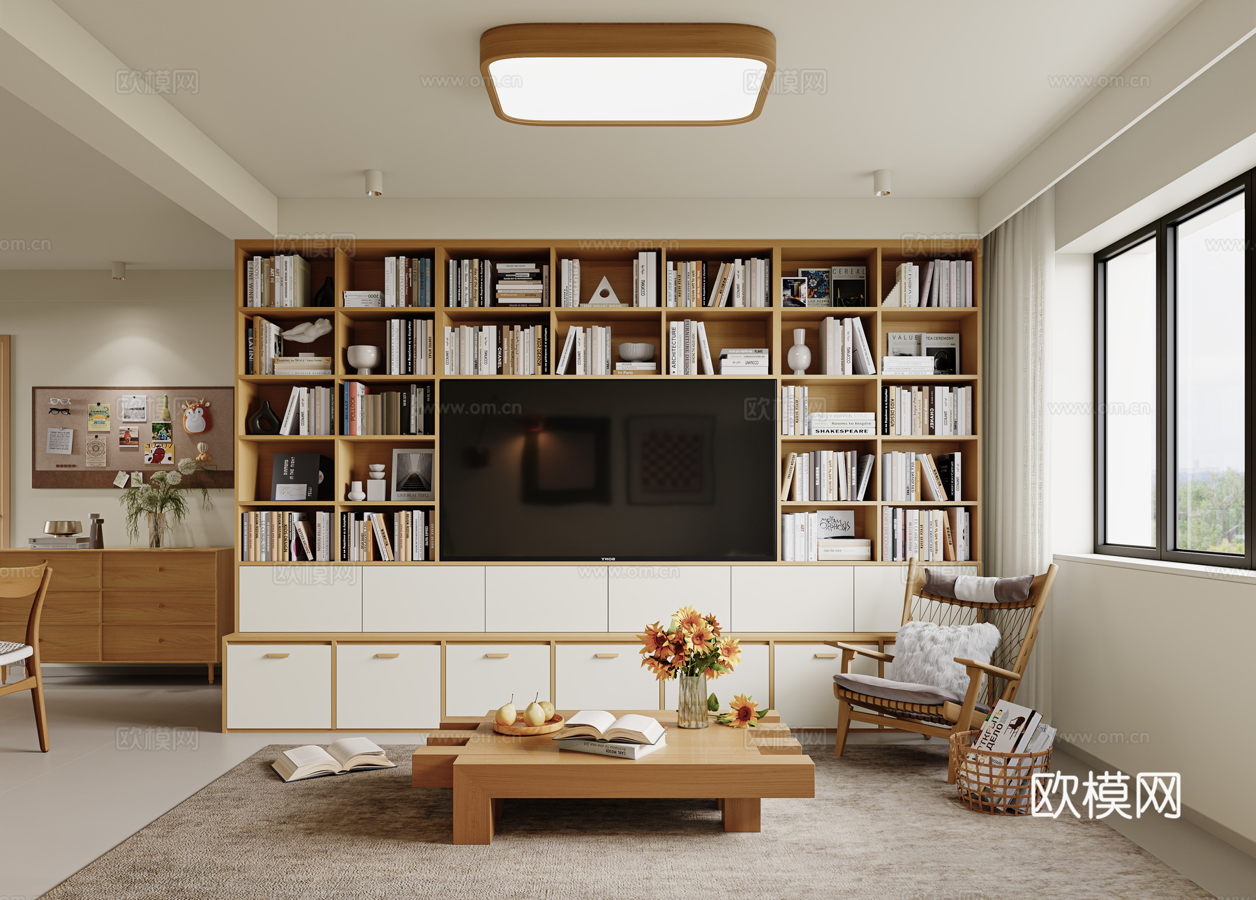 现代原木风客厅 原木电视柜 满墙书柜 实木茶几 成品边柜su模型