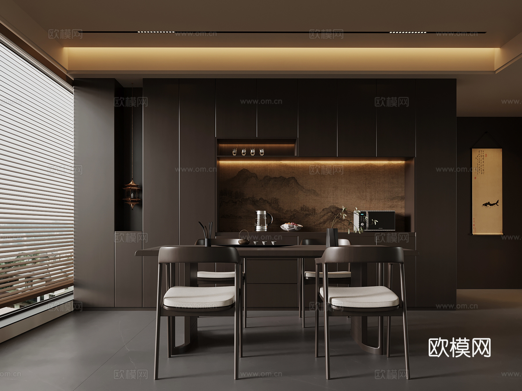 新中式餐厅 餐桌椅 餐边柜su模型
