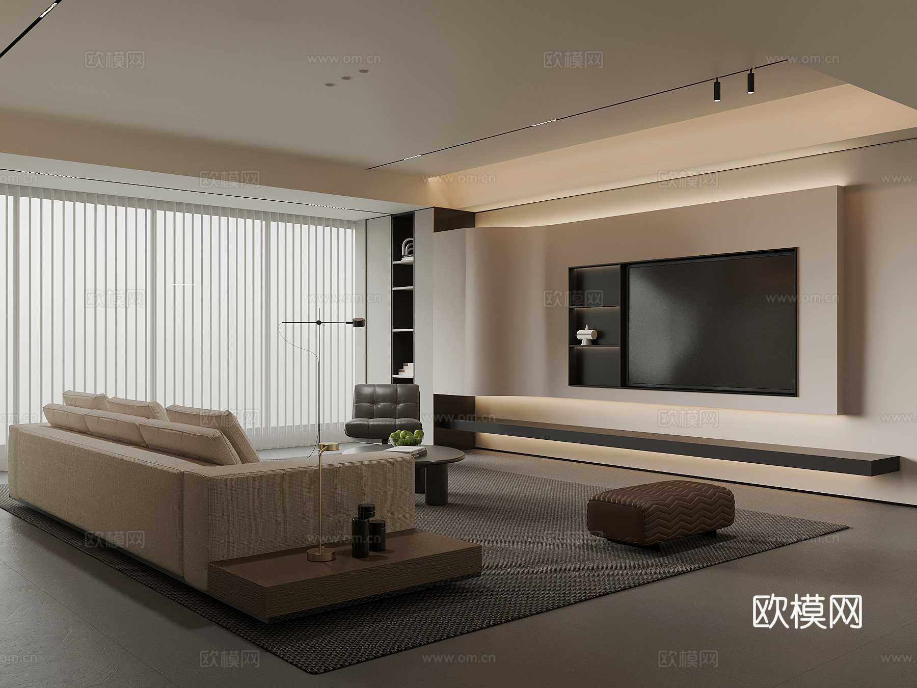 现代客厅 沙发茶几组合 电视背景墙su模型