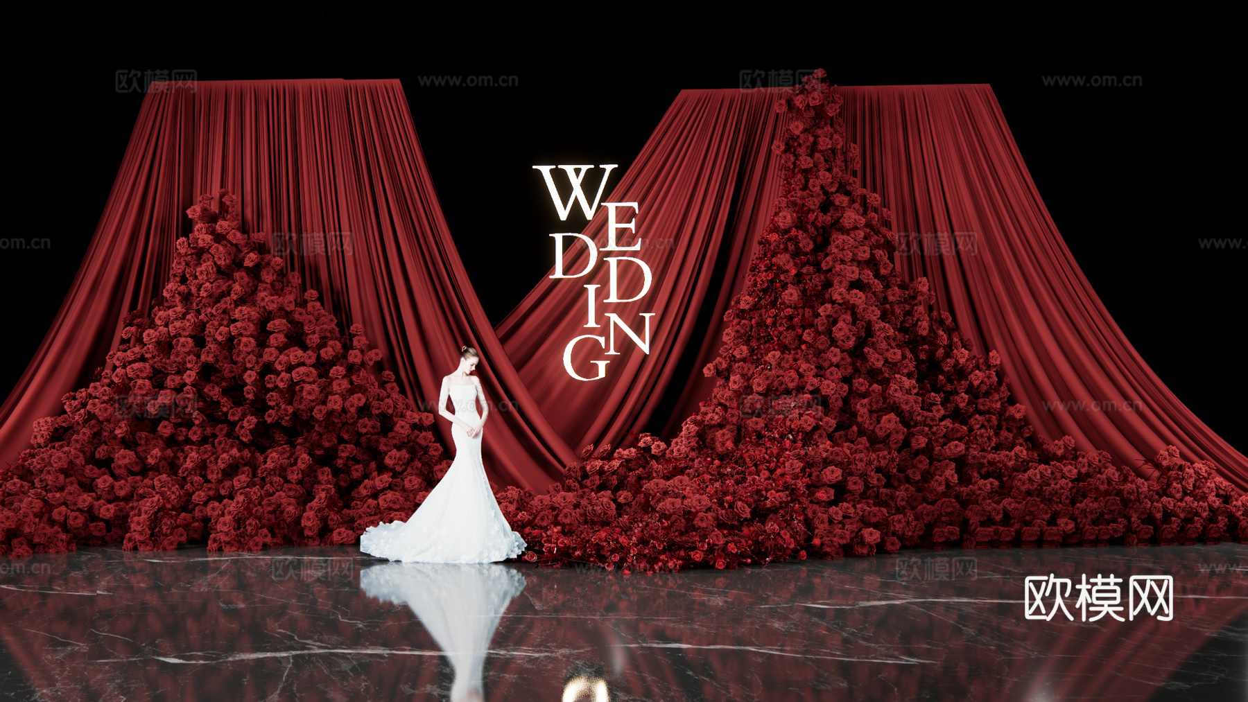 秀场风  红色布幔造型 婚礼花艺su模型