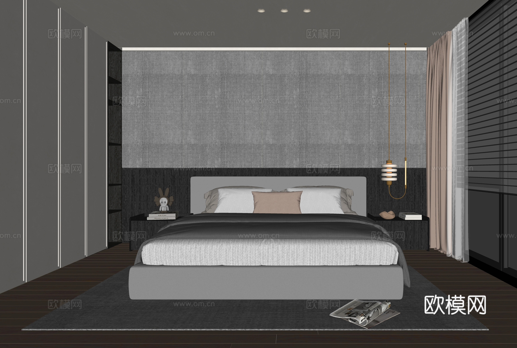现代卧室 双人床su模型