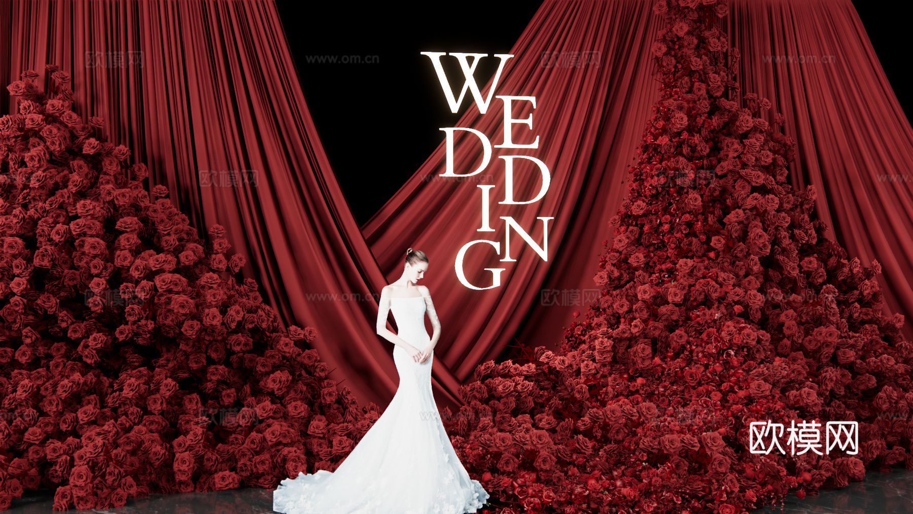 秀场风  红色布幔造型 婚礼花艺su模型