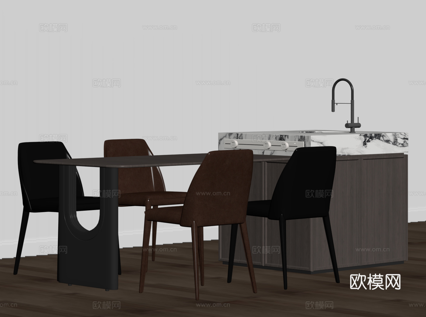 现代意式岛台 开放式餐桌椅su模型