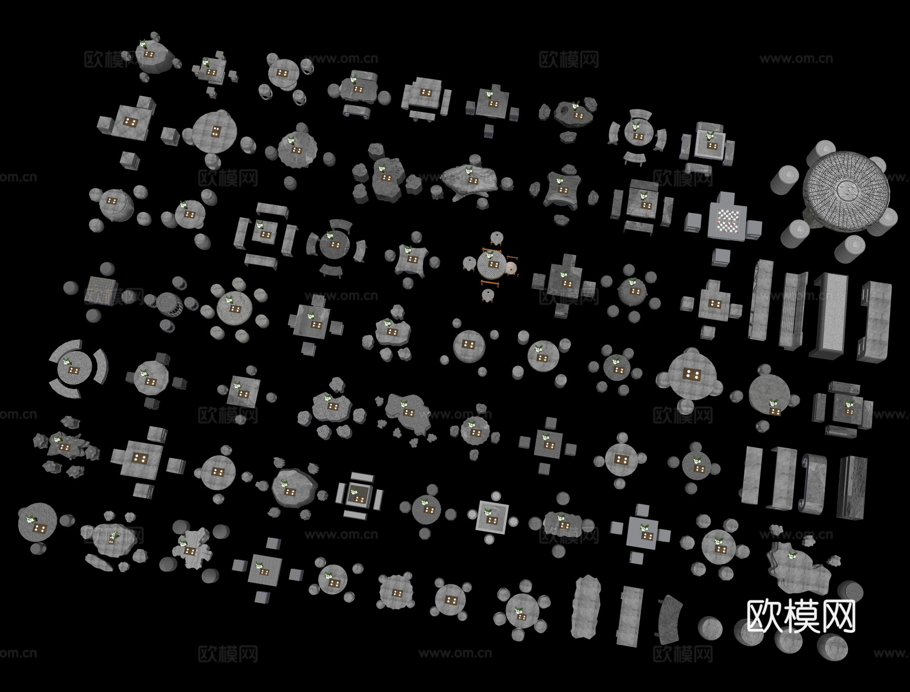 新中式石桌椅 石桌石凳 景观座椅 石头座椅 石茶几 石台su模型