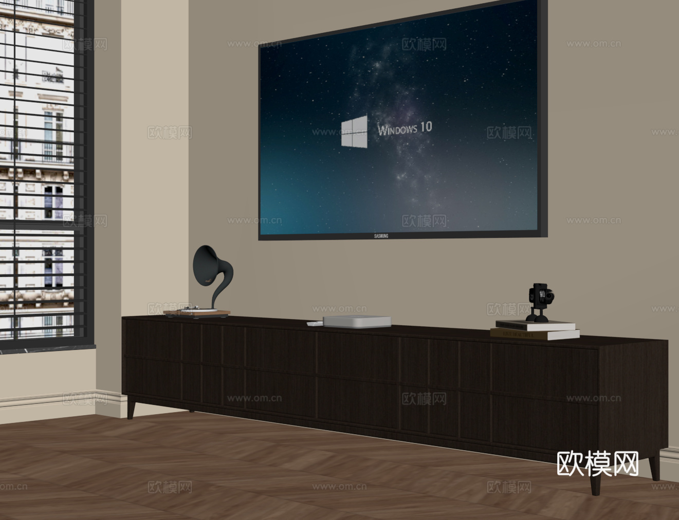 现代中古风电视柜 壁挂式电视su模型