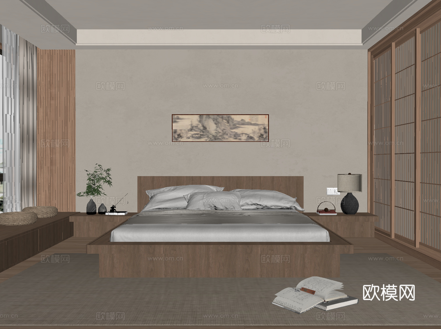 新中式卧室 双人床su模型