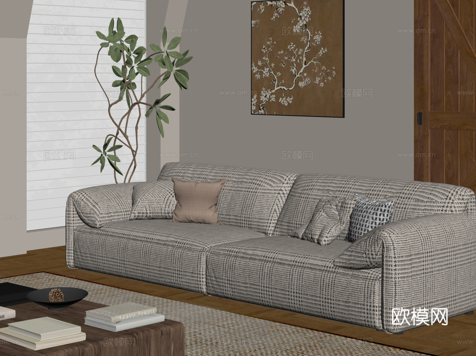 现代中古风多人沙发 休闲布艺沙发su模型