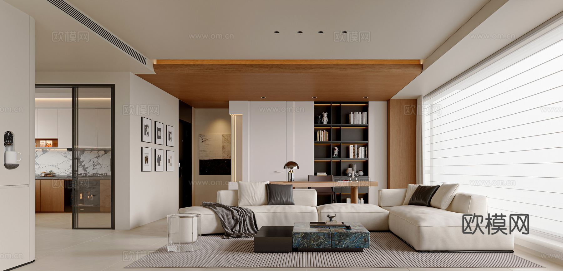 现代简约客厅 沙发茶几组合 书柜 书桌椅组合 书架  厨房3d模型下载