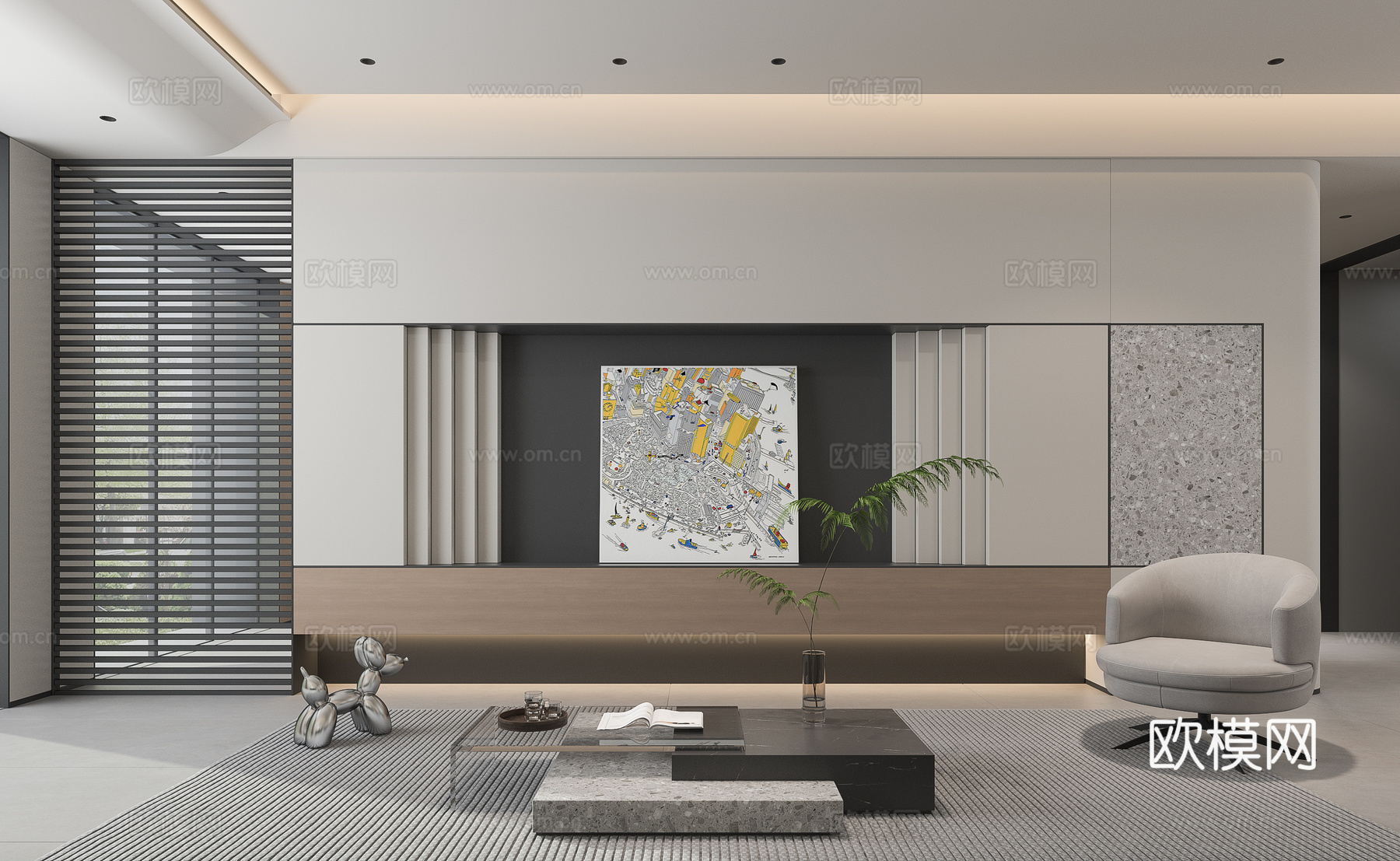 现代客餐厅家具3d模型下载（渲染图1）