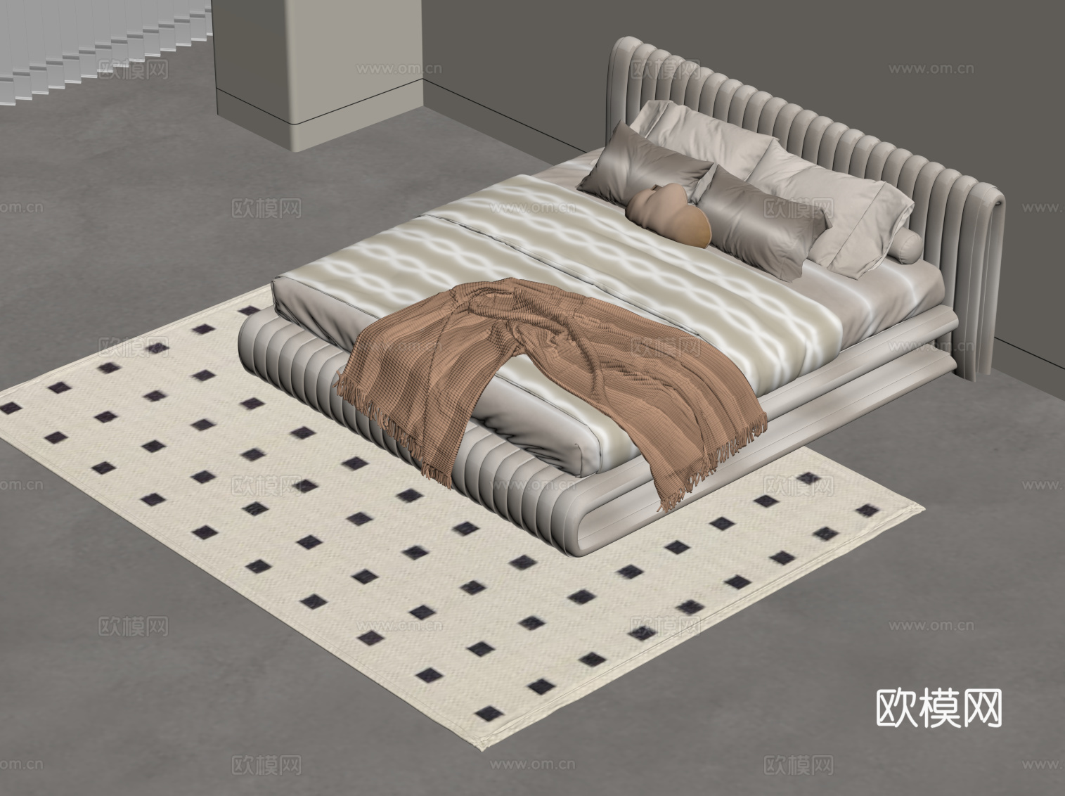 现代奶油风双人床su模型