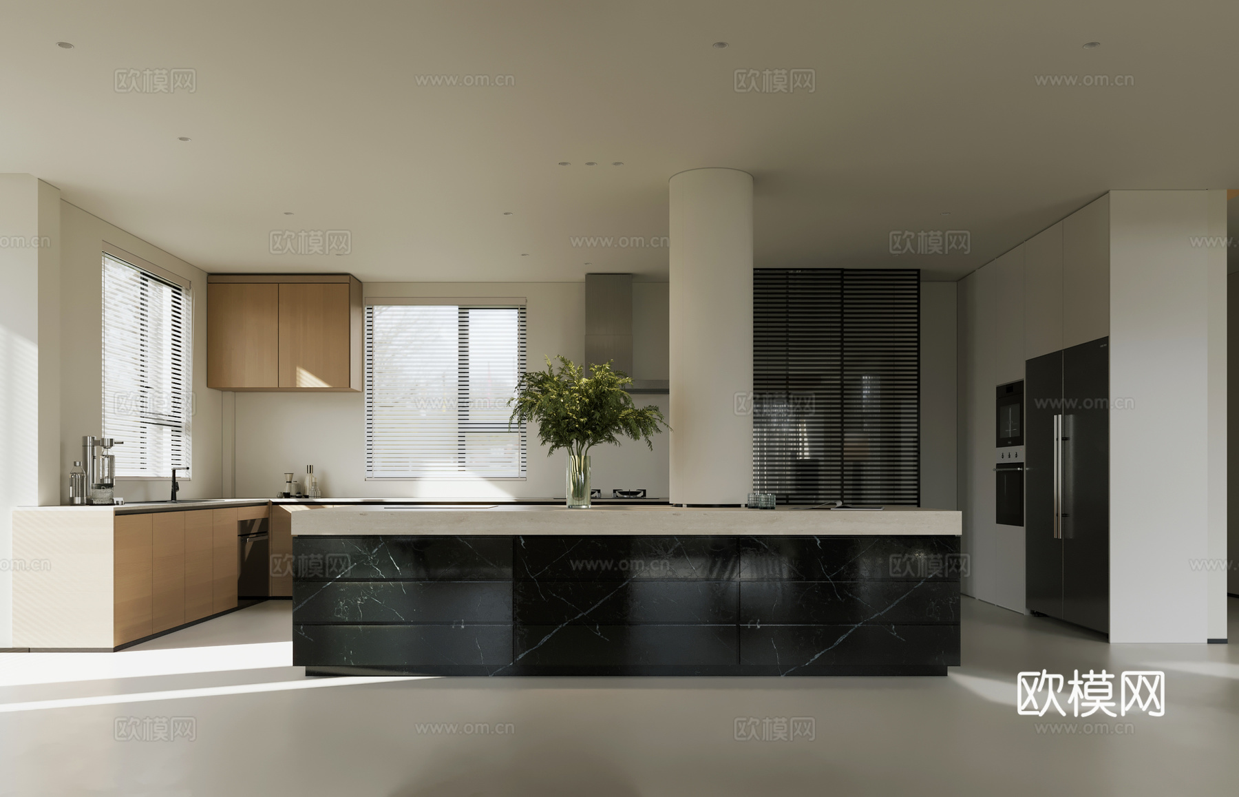 现代岛台厨房 奶油风开放式厨房 中岛台厨房3d模型下载（渲染图3）