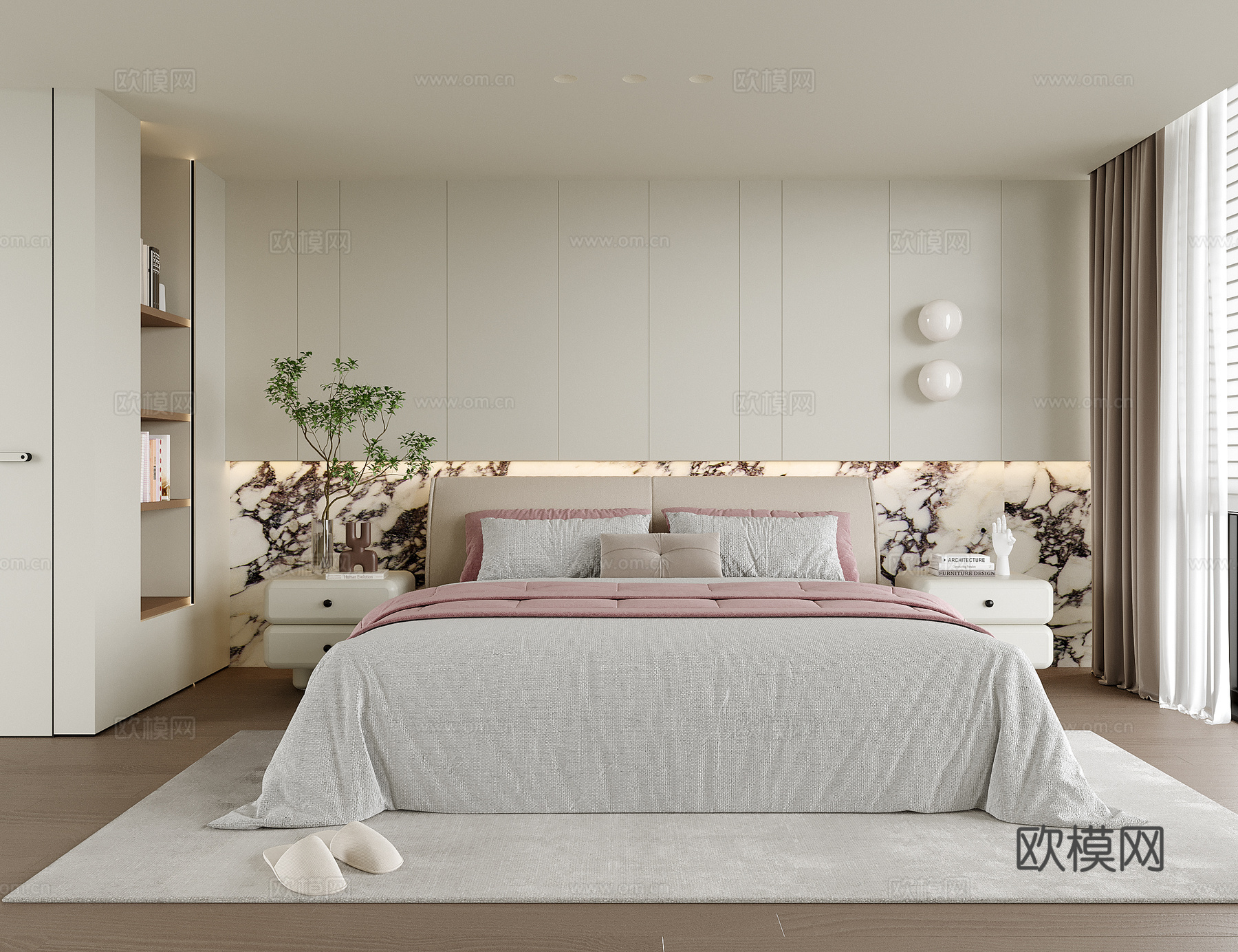 现代卧室 双人床 床头柜su模型