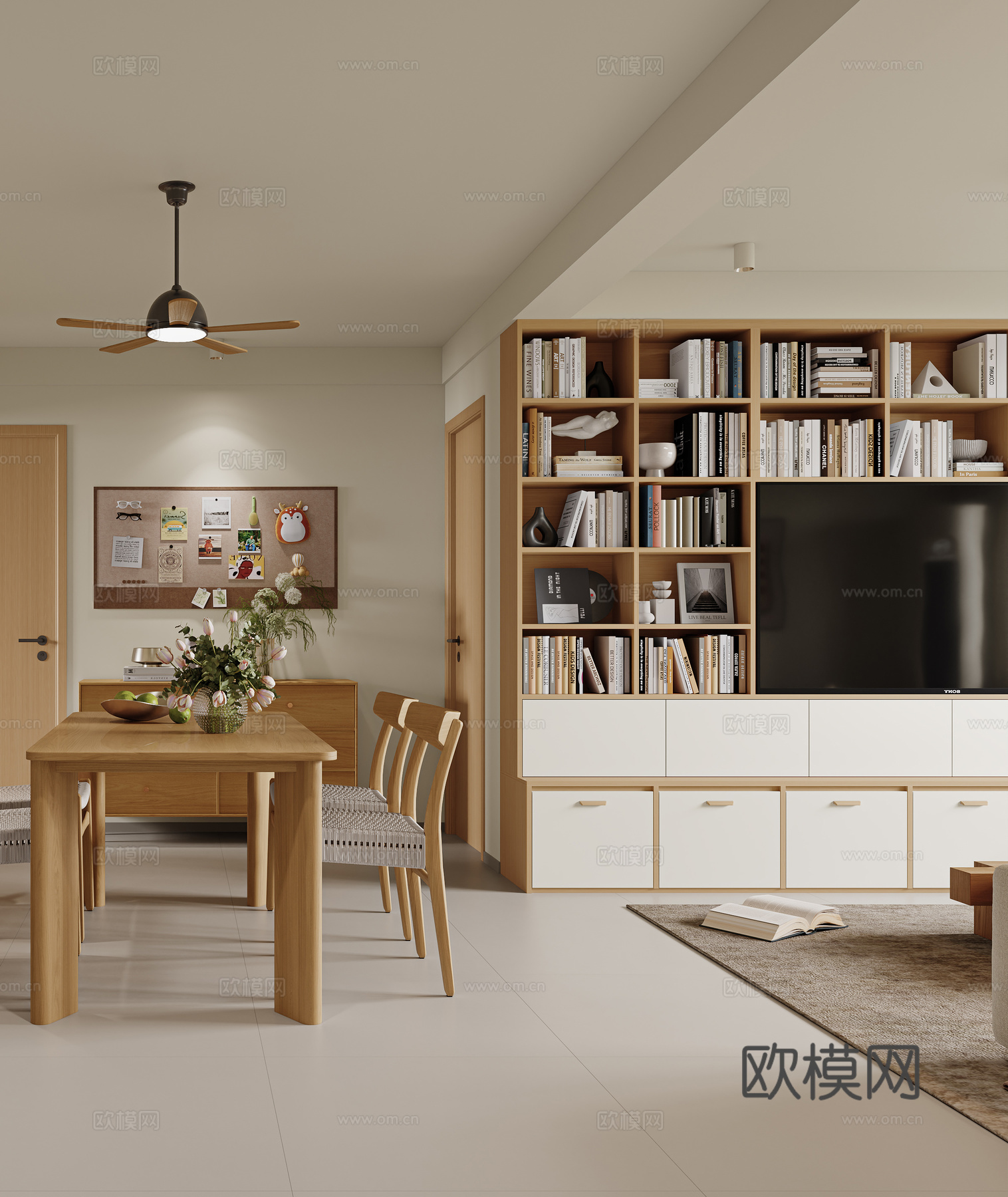 现代原木风餐厅 实木餐桌椅 四人餐桌椅 成品边柜 满墙书柜3d模型